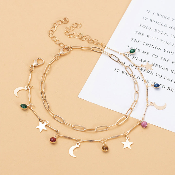 2Pcs Double Layers Adjustable Extended Chain Women Anklets Faux Gem Star Moon Pendant Anklets Footwear Image 4