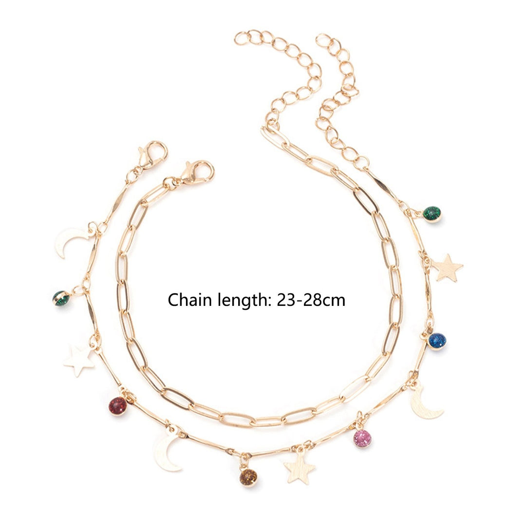 2Pcs Double Layers Adjustable Extended Chain Women Anklets Faux Gem Star Moon Pendant Anklets Footwear Image 6