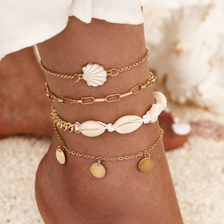 4Pcs Natural Shell Women Anklet Bohemian Round Coins Tassel Metal Adjustable Hypoallergenic Beach Foot Chain Ankle Image 3