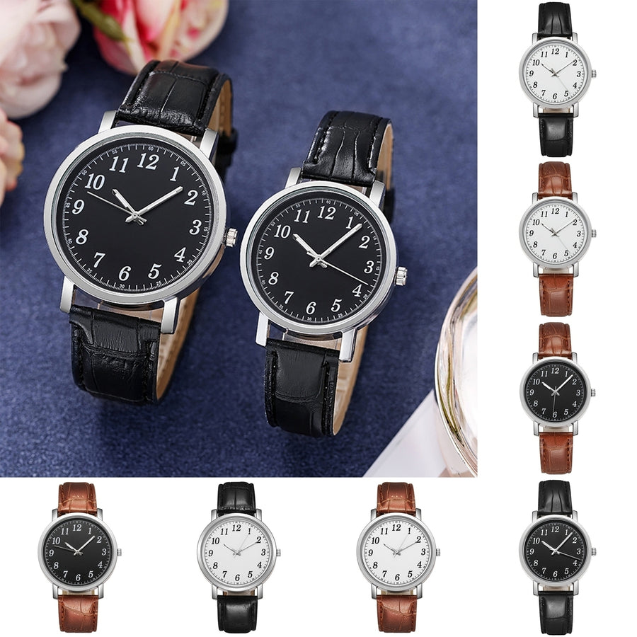 Couple Watch Round Battery Operated Faux Leather Strap Elegant 3-Hand Birthday Gift Adjustable Men Women Quartz Wrist Image 1