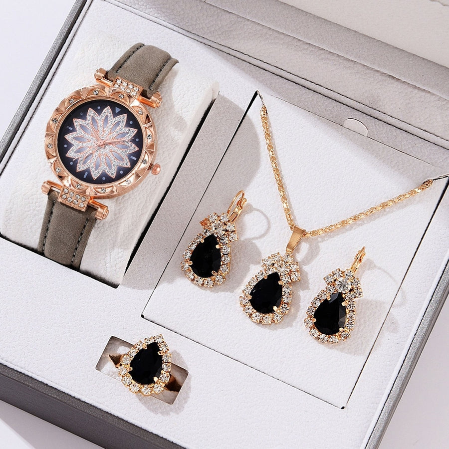 1 Set Women Watch Earrings Necklace Ring Kit Luxury Elegant Waterdrop Rhinestone Faux Leather Strap Quartz Wrist Watch Image 1