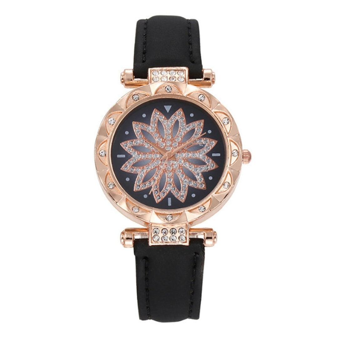 1 Set Women Watch Earrings Necklace Ring Kit Luxury Elegant Waterdrop Rhinestone Faux Leather Strap Quartz Wrist Watch Image 1