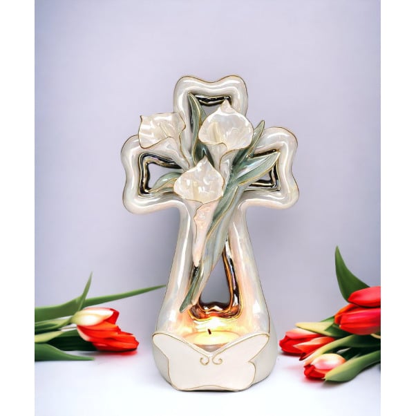 Ceramic Cala Lily Flower Cross Tealight Candle Holder 8in Gift Image 1