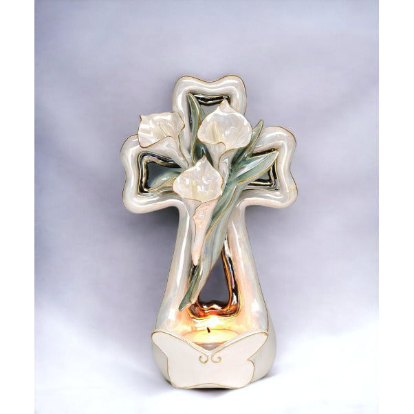 Ceramic Cala Lily Flower with Cross Tealight Candle HolderReligious DcorReligious GiftChurch Dcor, Image 2