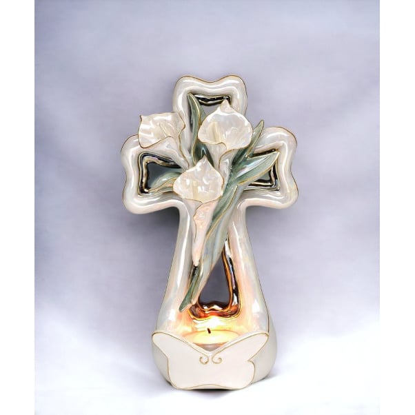 Ceramic Cala Lily Flower Cross Tealight Candle Holder 8in Gift Image 2