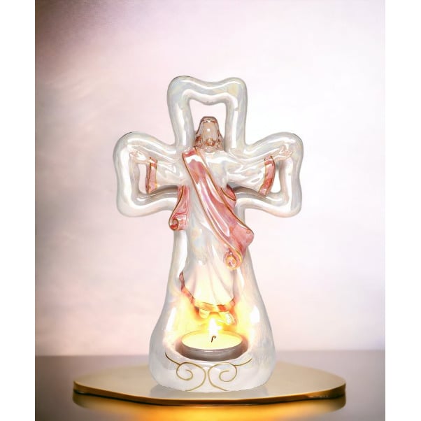 Kevins Gift Shoppe Ceramic Jesus with Cross Tealight Candle Holder Image 1