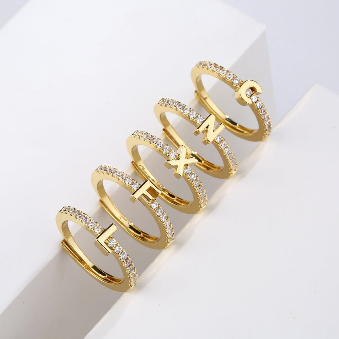 Finger Ring Adjustable Opening 26 Alphabet Faux-diamond-set Geometric Inlay Sparkling Letter Band Ring Daily Wear Image 1