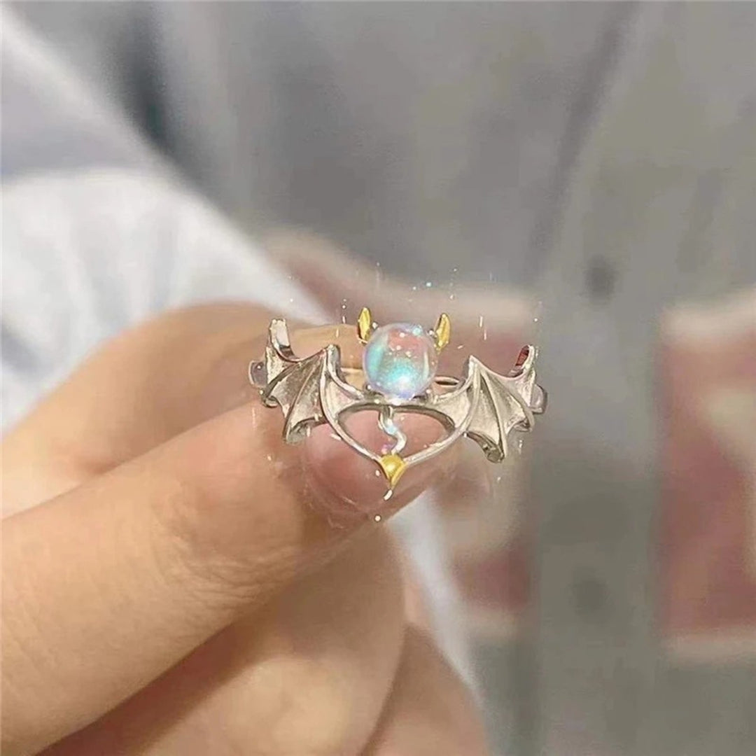 Couple Ring Angle And Demon Opening Moon Stone Adjustable Hollow Out Finger Decoration Stainless Contrast Color Lady Image 3