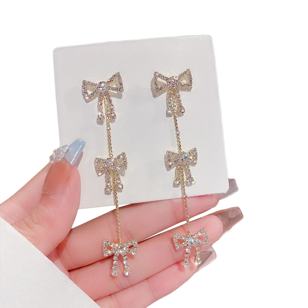 1 Pair Bowknot Shape Shining Rhinestones Lady Earrings Heart Imitation Pearls Tassel Dangle Earrings Jewelry Accessory Image 3