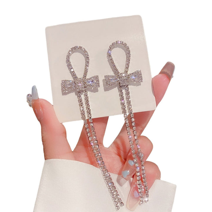 1 Pair Bowknot Shape Shining Rhinestones Lady Earrings Heart Imitation Pearls Tassel Dangle Earrings Jewelry Accessory Image 1
