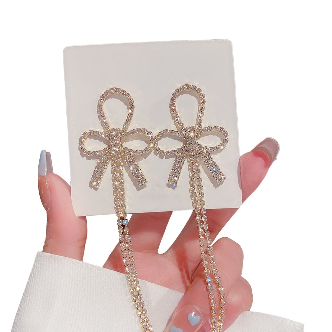 1 Pair Bowknot Shape Shining Rhinestones Lady Earrings Heart Imitation Pearls Tassel Dangle Earrings Jewelry Accessory Image 4