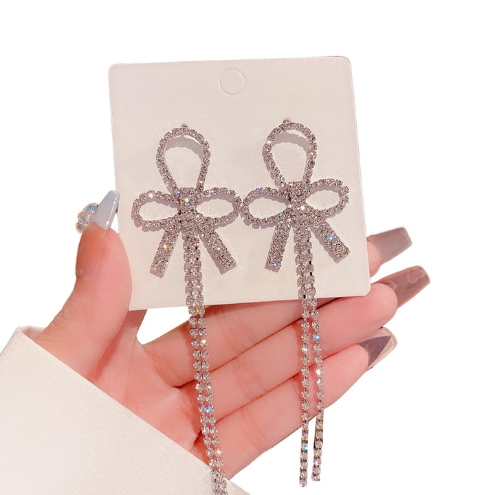 1 Pair Bowknot Shape Shining Rhinestones Lady Earrings Heart Imitation Pearls Tassel Dangle Earrings Jewelry Accessory Image 6