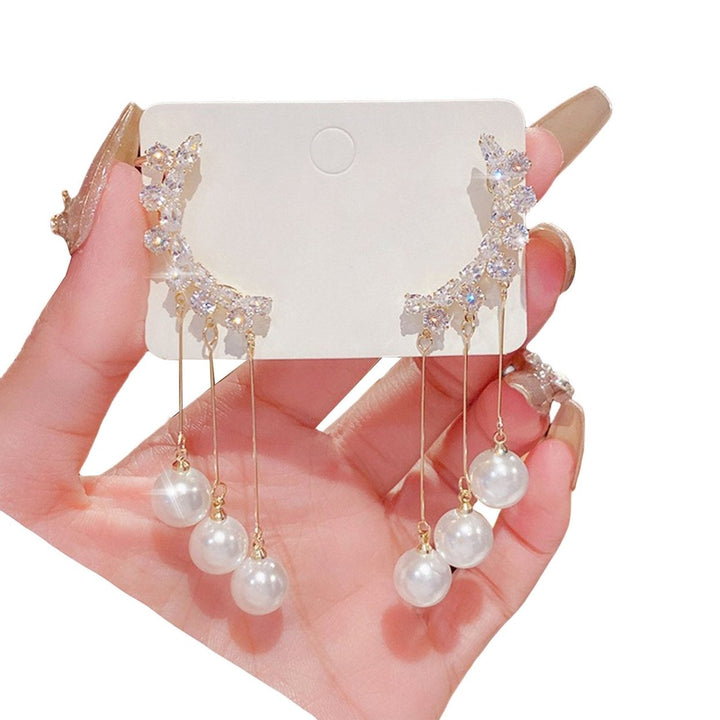 1 Pair Bowknot Shape Shining Rhinestones Lady Earrings Heart Imitation Pearls Tassel Dangle Earrings Jewelry Accessory Image 1