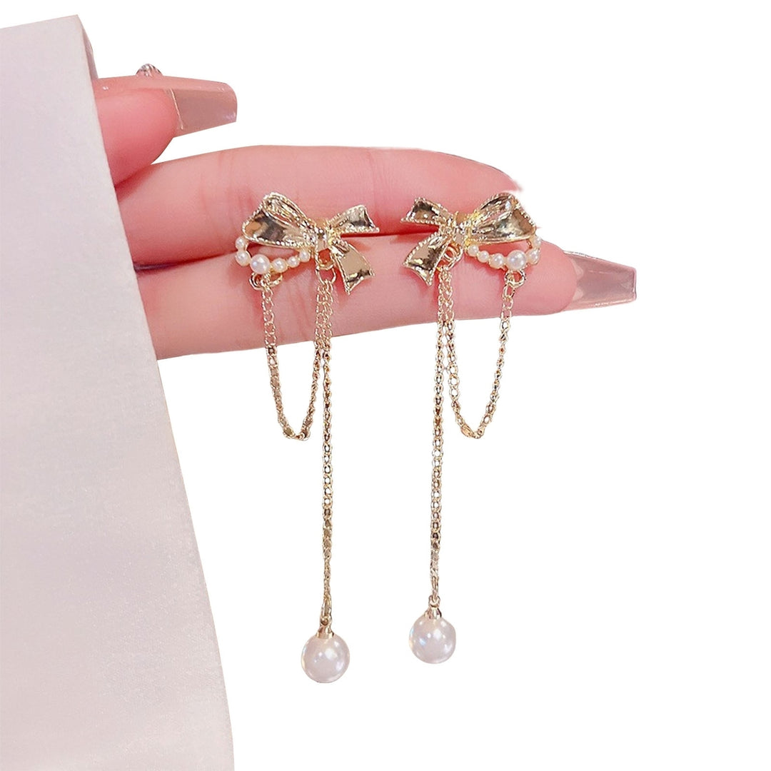 1 Pair Bowknot Shape Shining Rhinestones Lady Earrings Heart Imitation Pearls Tassel Dangle Earrings Jewelry Accessory Image 8