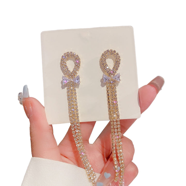 1 Pair Bowknot Shape Shining Rhinestones Lady Earrings Heart Imitation Pearls Tassel Dangle Earrings Jewelry Accessory Image 9