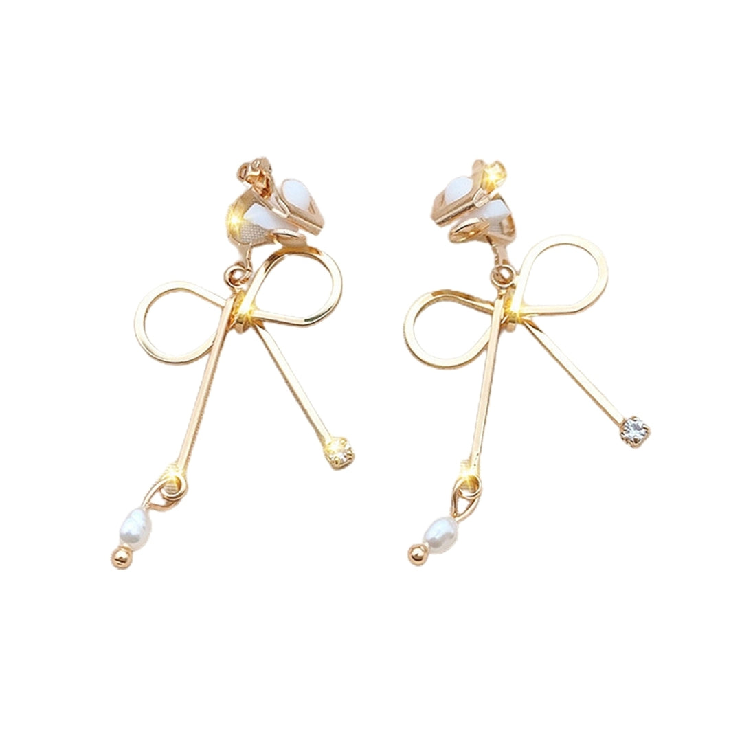 1 Pair Clip Earrings Bow Tassels Jewelry Non-piercing Rhinestones Drop Earrings Birthday Gifts Image 4