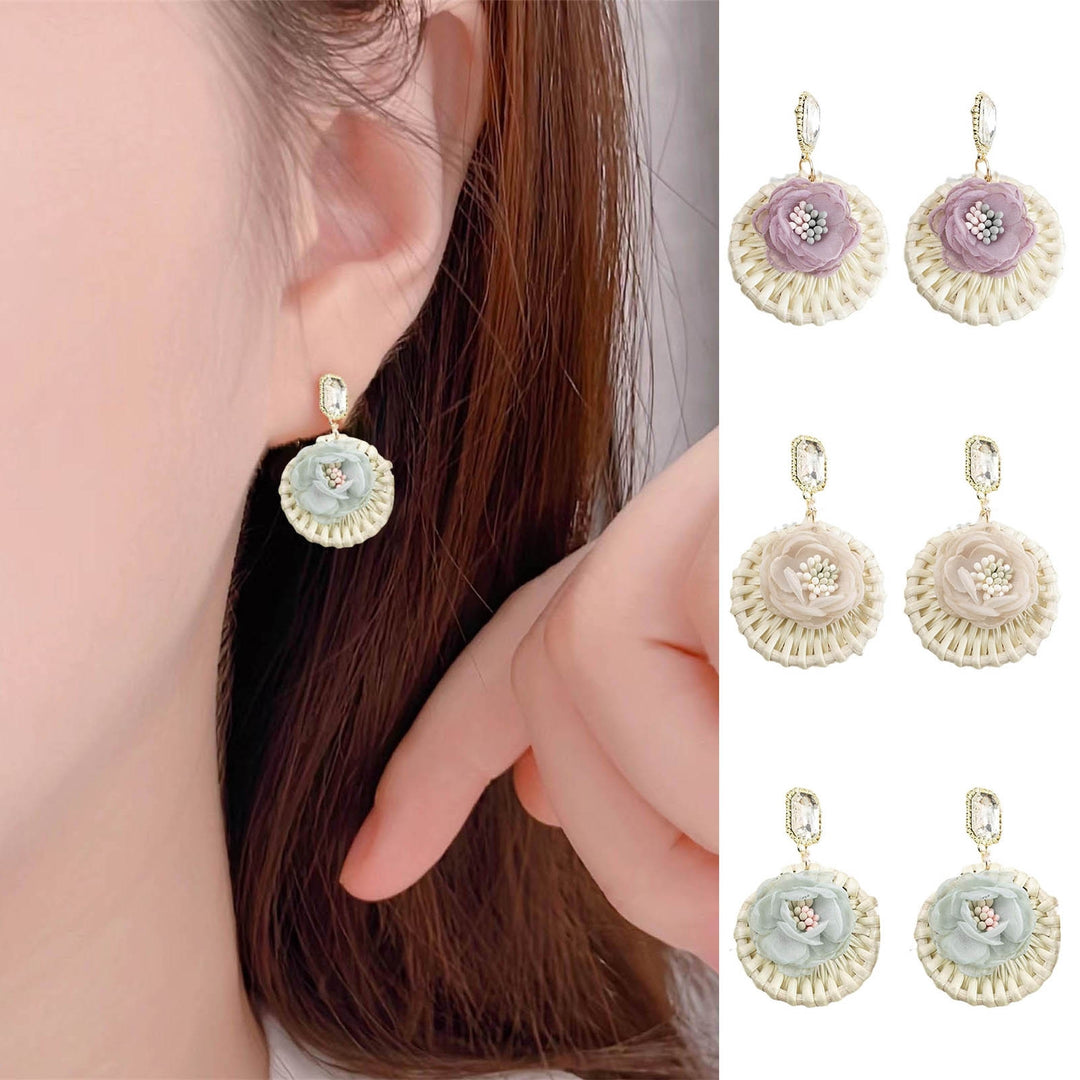 1 Pair Drop Earrings Round Flower Rattan Shining Rhinestone Stud Earrings Jewelry Gift Image 4