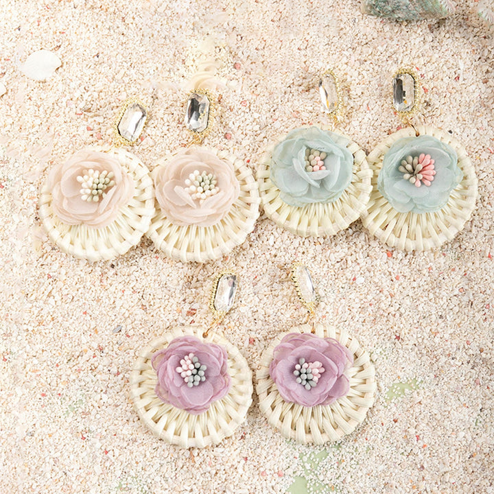 1 Pair Drop Earrings Round Flower Rattan Shining Rhinestone Stud Earrings Jewelry Gift Image 6