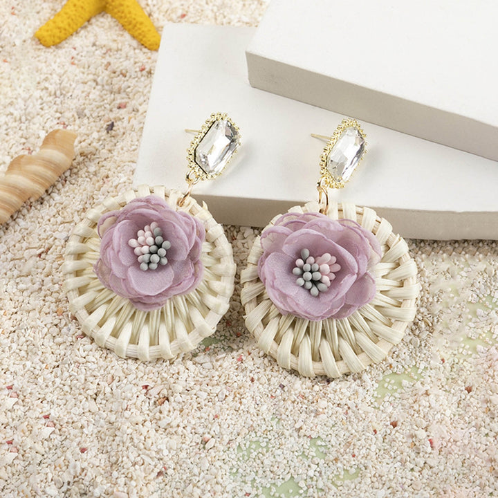 1 Pair Drop Earrings Round Flower Rattan Shining Rhinestone Stud Earrings Jewelry Gift Image 7
