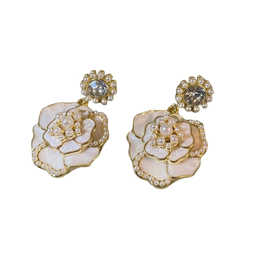 1 Pair Women Earrings Flower Faux Pearl Jewelry Shining Rhinestones Stud Earrings Birthday Gift Image 1