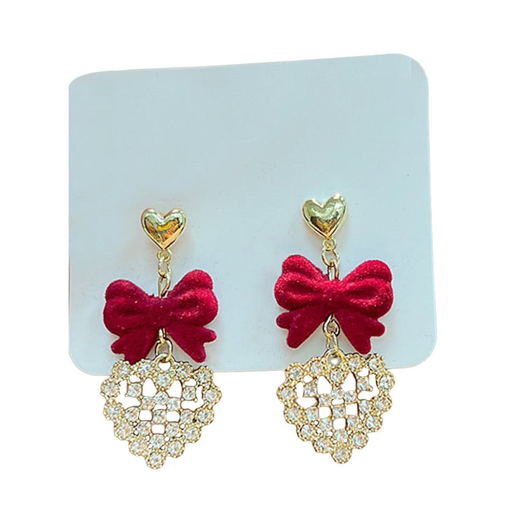 1 Pair Women Earrings All-match Anti-fade Ear Decoration Festive Touch Red Bow Dangle Flower Heart Earrings for Everyday Image 1