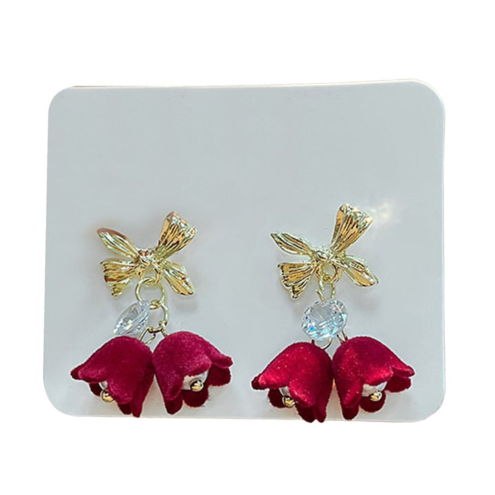 1 Pair Women Earrings All-match Anti-fade Ear Decoration Festive Touch Red Bow Dangle Flower Heart Earrings for Everyday Image 1