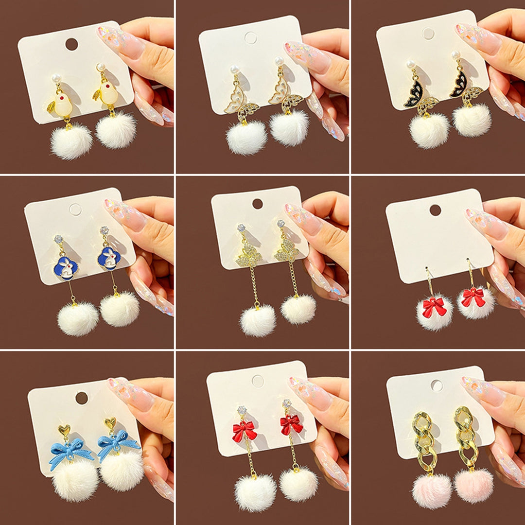1 Pair Dangle Earrings Sweet Bowknot Butterfly Ear Decoration Korean Style Cartoon Rabbit Pompom Stud Earrings for Image 10