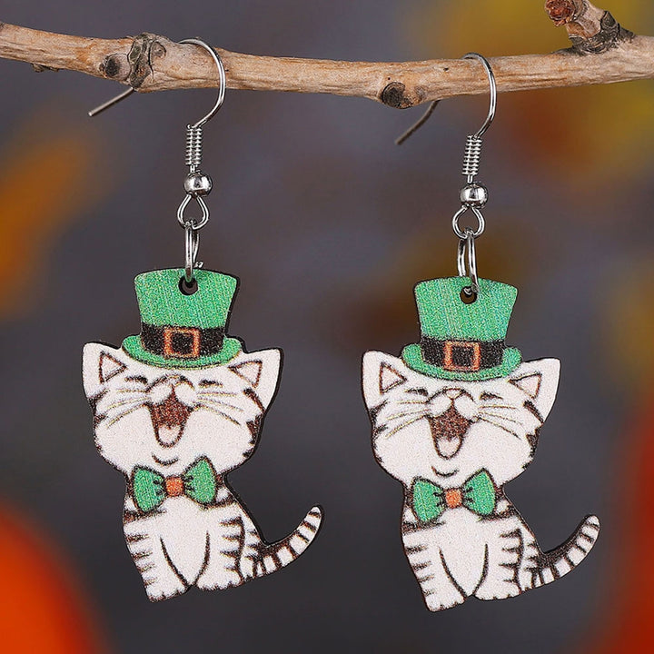 1 Pair Hook Earrings Wooden Double-sided Shamrock Clover Cute Irish Green Hat Dog Dangle Earrings Saint Patricks Day Image 2