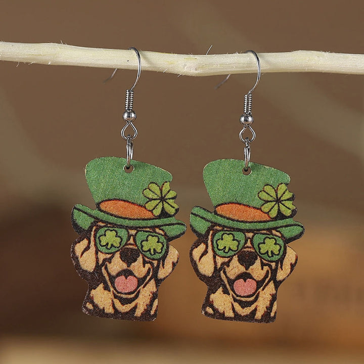 1 Pair Hook Earrings Wooden Double-sided Shamrock Clover Cute Irish Green Hat Dog Dangle Earrings Saint Patricks Day Image 3