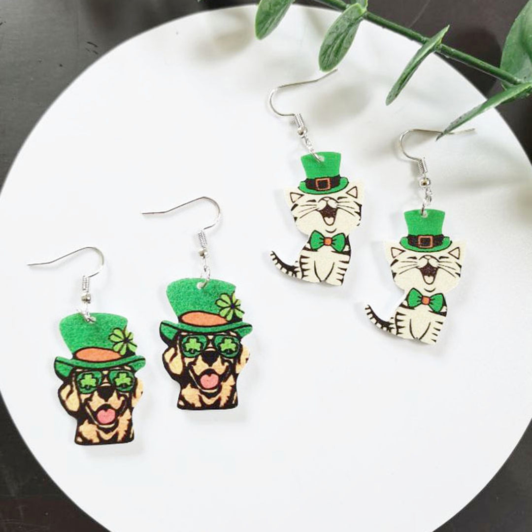 1 Pair Hook Earrings Wooden Double-sided Shamrock Clover Cute Irish Green Hat Dog Dangle Earrings Saint Patricks Day Image 4