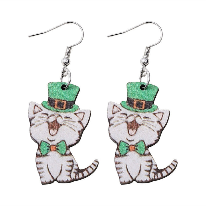 1 Pair Hook Earrings Wooden Double-sided Shamrock Clover Cute Irish Green Hat Dog Dangle Earrings Saint Patricks Day Image 4