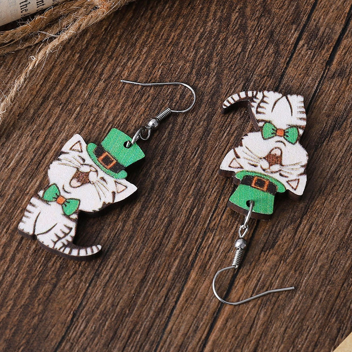 1 Pair Hook Earrings Wooden Double-sided Shamrock Clover Cute Irish Green Hat Dog Dangle Earrings Saint Patricks Day Image 7