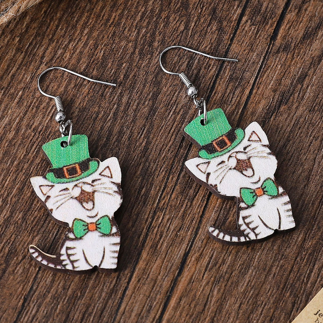 1 Pair Hook Earrings Wooden Double-sided Shamrock Clover Cute Irish Green Hat Dog Dangle Earrings Saint Patricks Day Image 8