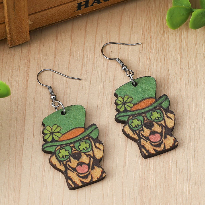 1 Pair Hook Earrings Wooden Double-sided Shamrock Clover Cute Irish Green Hat Dog Dangle Earrings Saint Patricks Day Image 9