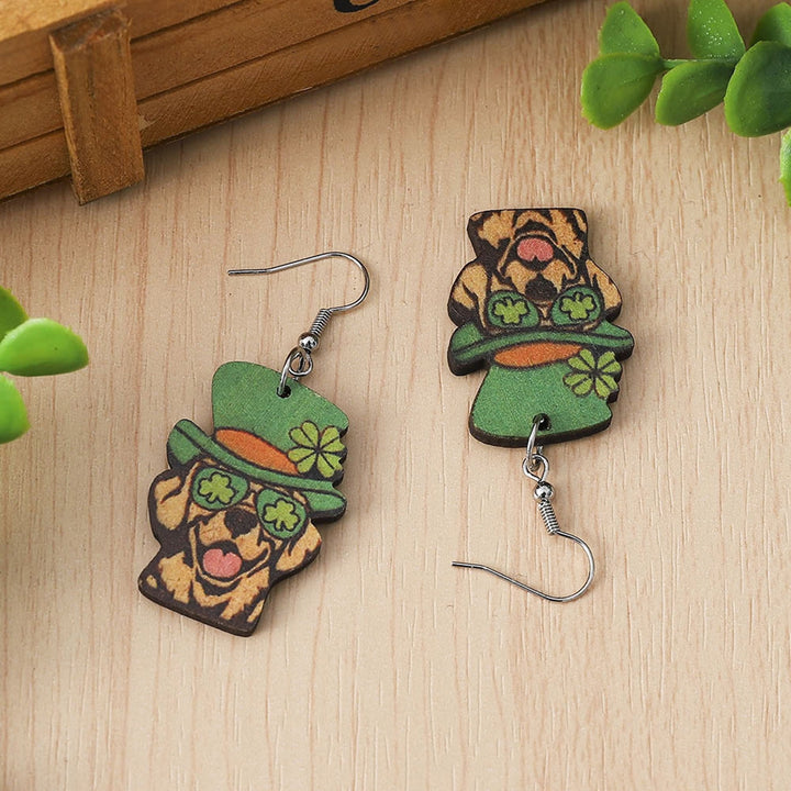 1 Pair Hook Earrings Wooden Double-sided Shamrock Clover Cute Irish Green Hat Dog Dangle Earrings Saint Patricks Day Image 11