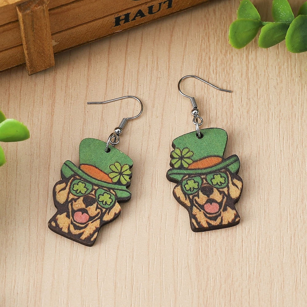 1 Pair Hook Earrings Wooden Double-sided Shamrock Clover Cute Irish Green Hat Dog Dangle Earrings Saint Patricks Day Image 12