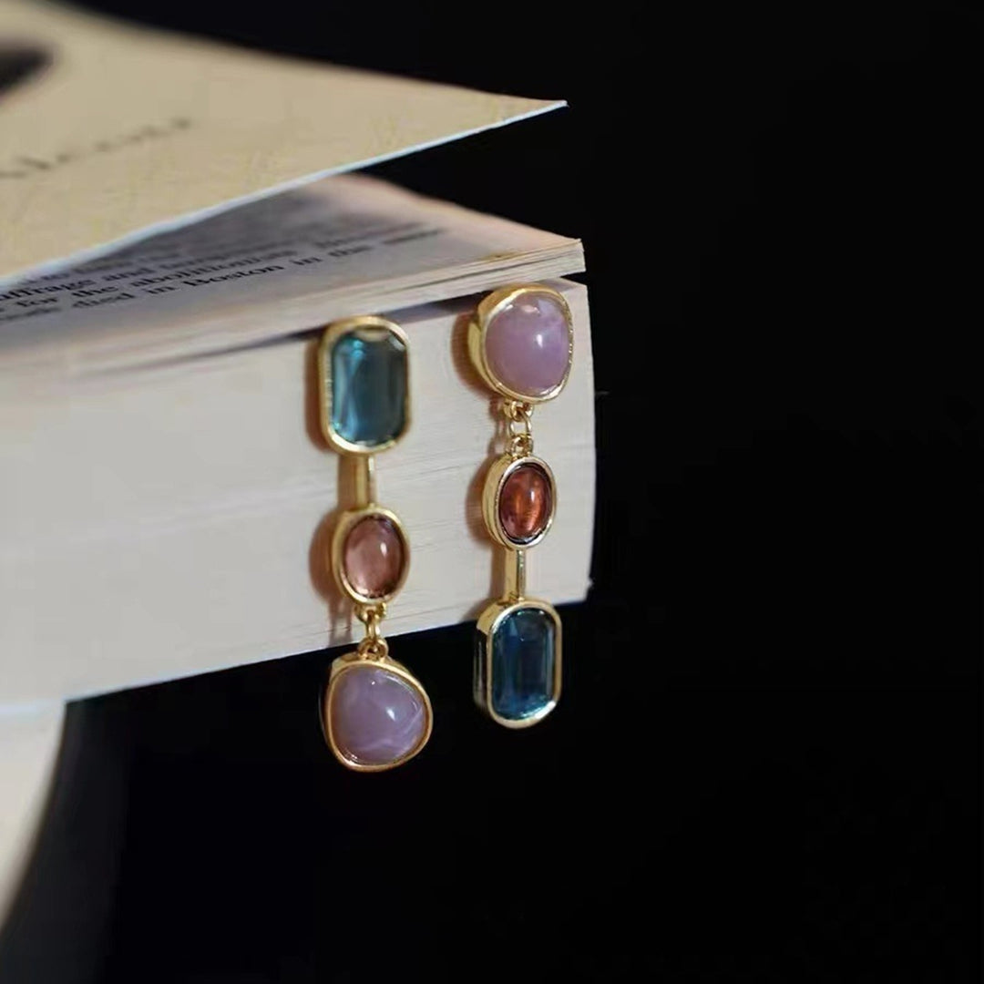 1 Pair Dangle Earrings Medieval Asymmetric Elegant Contrast Color Natural Stones Drop Earrings Jewelry Accessories Image 3