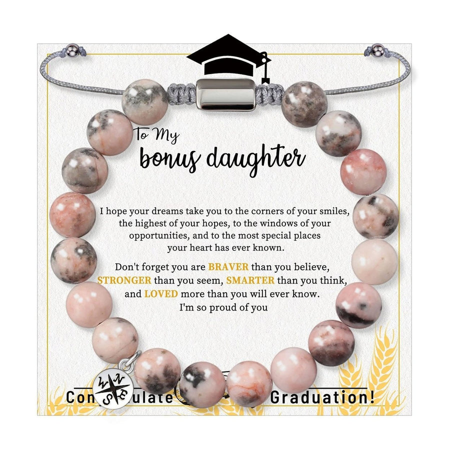 8MM Pink Beads Bracelet with Inspirational Card Adjustable Daughter Girls Natural Stone Round Beads Bracelet Graduation Image 1