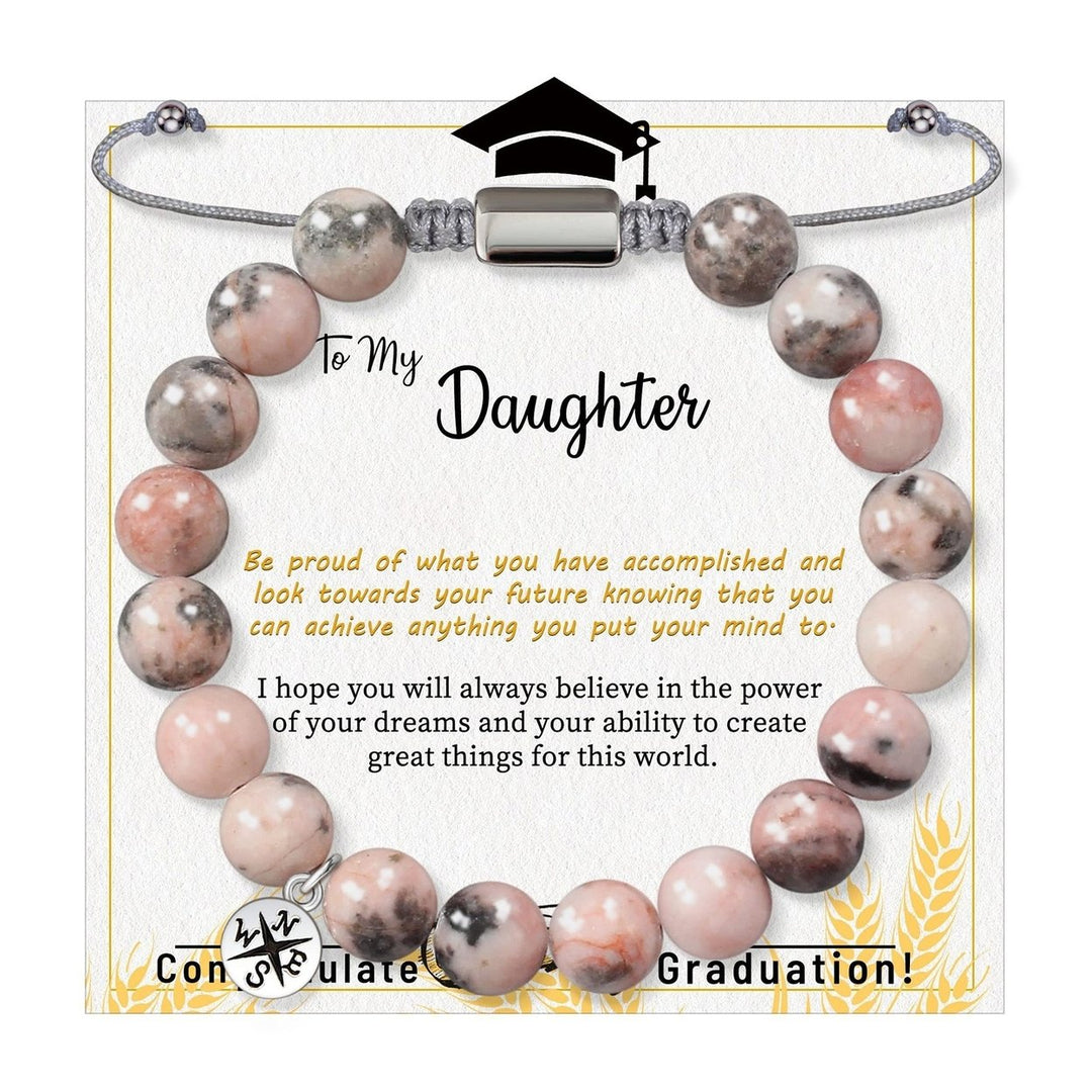 8MM Pink Beads Bracelet with Inspirational Card Adjustable Daughter Girls Natural Stone Round Beads Bracelet Graduation Image 4