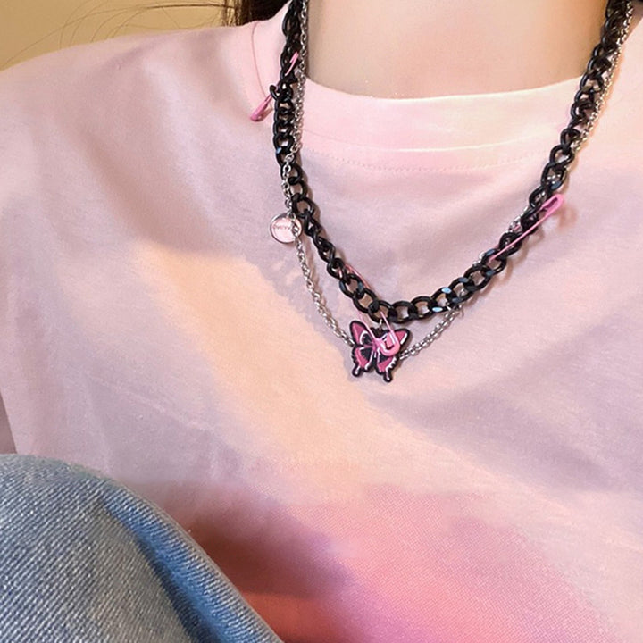 Necklace Chain Personality Twisted Chain Double Layer with Pin Cool Girl Butterfly Sweater Necklace Jewelry Accessory Image 4