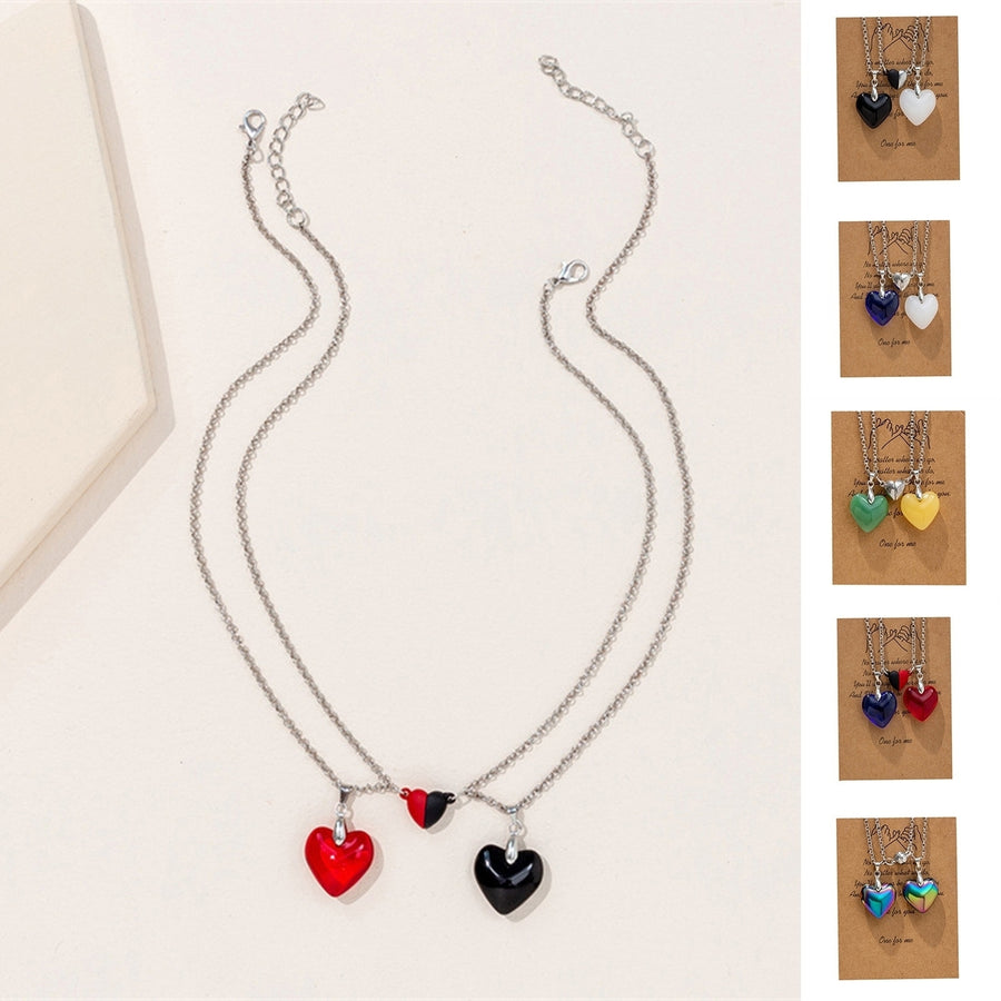 1 Pair Couple Necklace Magnetic Two-tone Slim Link Chain Hypoallergenic Love Heart Natural Stone Pendant Necklace Image 1