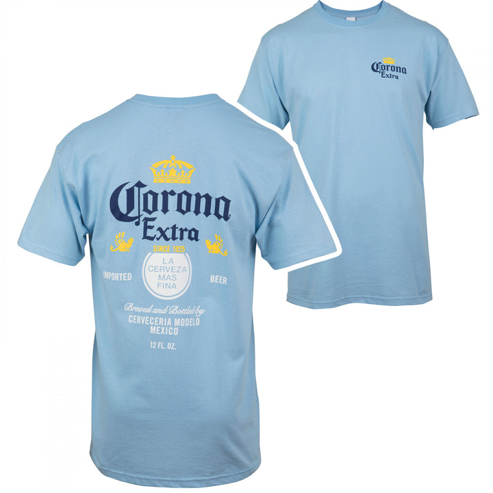 Corona Extra Label Light Blue Front and Back Print T-Shirt Image 1