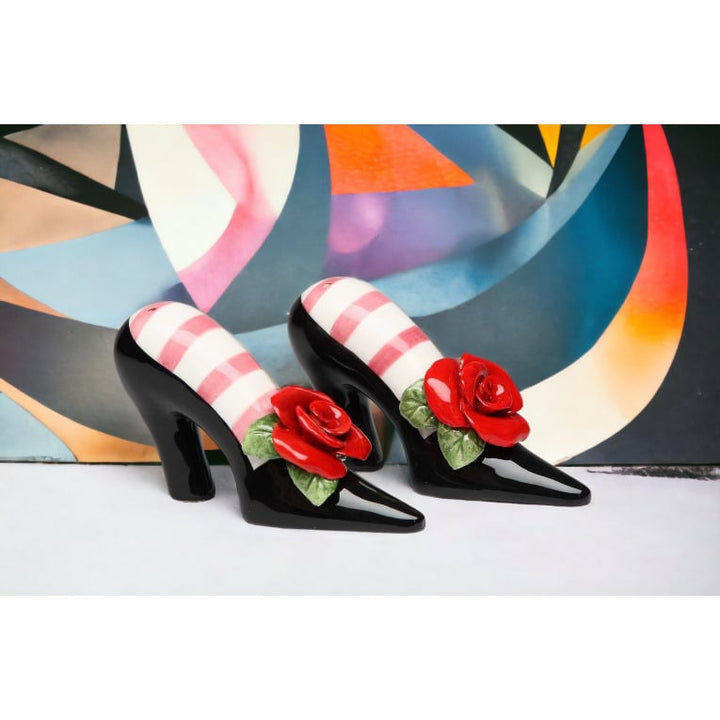 Ceramic Black Heels Salt and Pepper Shakers Red Rose Image 1