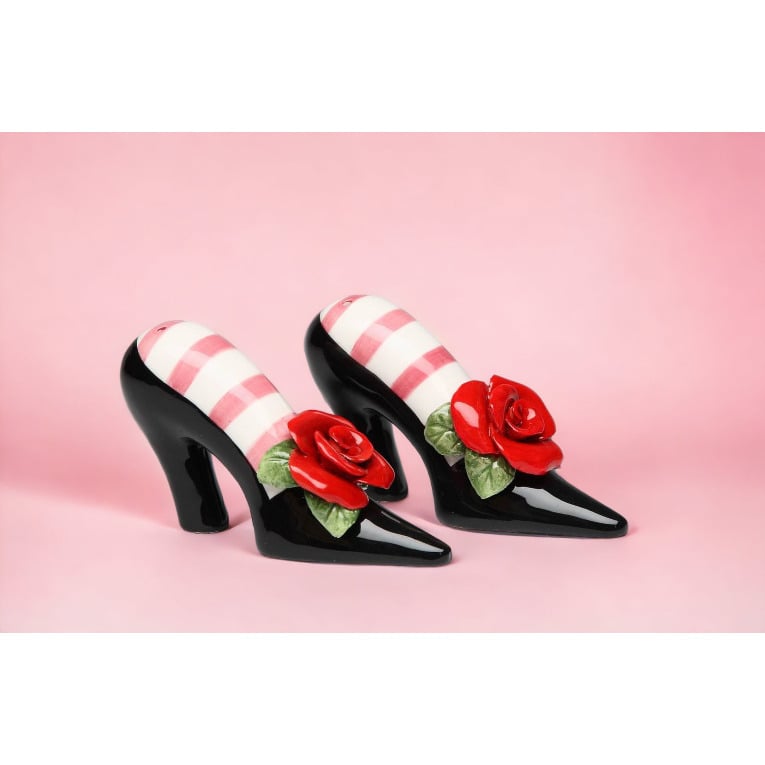 Ceramic Black Heels Salt and Pepper Shakers Red Rose Image 2