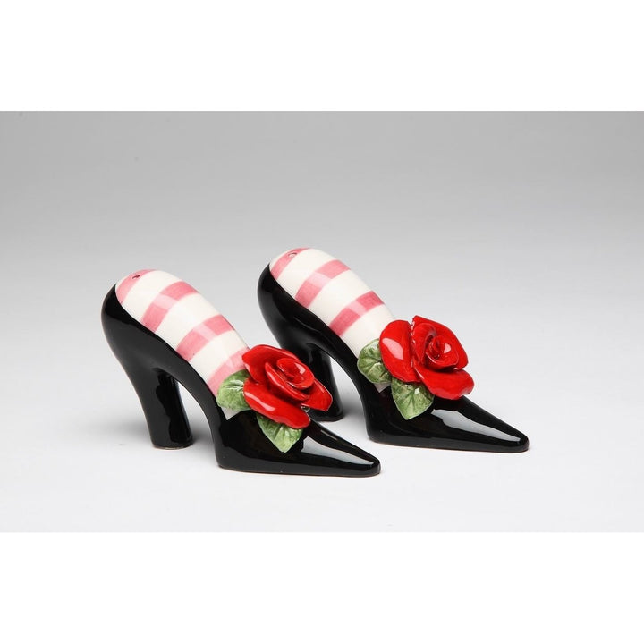 Ceramic Black Heels Salt and Pepper Shakers Red Rose Image 3