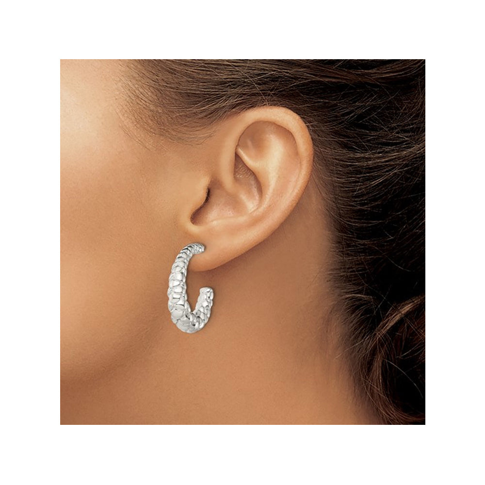 Sterling Silver Polished Textured J-Hoop Earrings Image 3