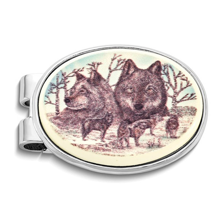 Mens Wolf Portrait Oval Money Clip Image 1