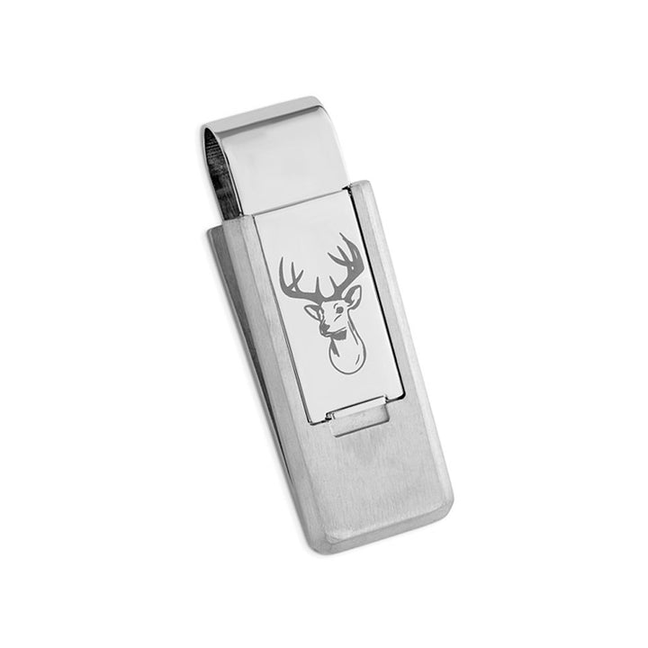 Mens Stainless Steel Lasered Buck Head Flip Money Clip Image 1