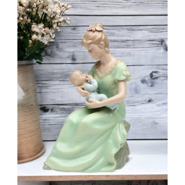 Ceramic Music Box Mom Holding Baby Boy Brahms Lullaby Nursery 4.875"H Image 2