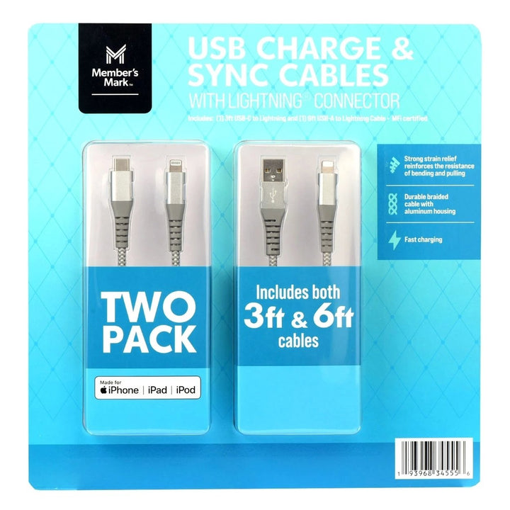 Member's Mark USB Lightning 3 Foot and 6 Foot Cables (Pack of 2) Image 1